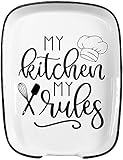 Hvukeke Ceramic Spoon Rest for Kitchen Stove Top Counter, Funny My Kitchen My Rules White Spoon Holders for Chef, Dad, Mom, Friend Cute Kitchen Decor Gift