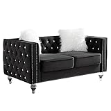 mikibama Velvet Loveseat with Buttons and Square Arms 59 Inch Tufted Sofa with Trimmed Nailhead and Acrylic Legs Loveseat Couch for Living Room, Bedroom (Black-Crystal Legs, Loveseat)