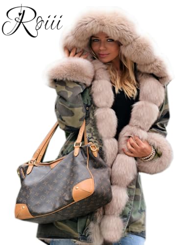 Roiii Womens Hooded Camouflage Warm Winter Coats Fleece Fur Jacket Down Parka Overcoat