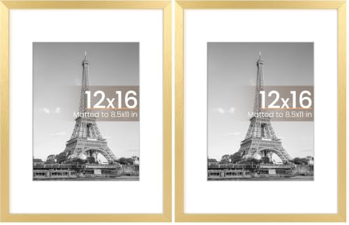 Image of upsimples 12x16 Picture Frame, Display Pictures 8.5x11 with Mat or 12x16 Without Mat, Wall Hanging Photo Frame, Gold, 2 Pack