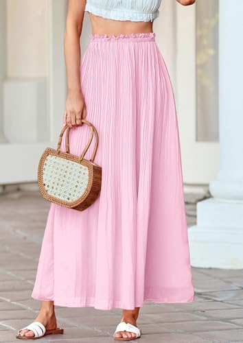 PRETTYGARDEN Pleated Midi Skirts for Women 2026 Flowy Summer Beach Vacation High Waisted Chiffon Boho A-Line Long Skirt(Pink,XX-Large) — view 5
