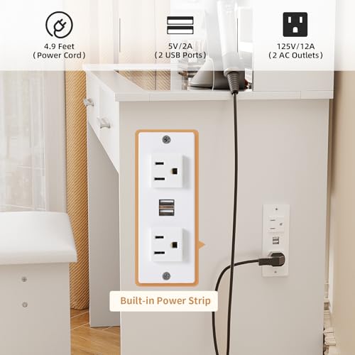 طاولة زينة 1 مع مرآة وأضواء LED ومخرج طاقة وكرسي، طاولة مكياج مع درجين و4 أرفف بـ 3 ألوان لغرفة النوم من فونر، أبيض، زجاج