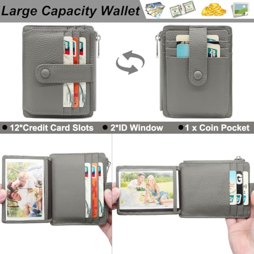 Genuine Leather Small Wallet for Women RFID Blocking Credit Card Holder Slim Minimalist Front Pocket Wallet Multi Card Case with ID Window Zipper Coin Pocket Purse(Black) (Gray)4