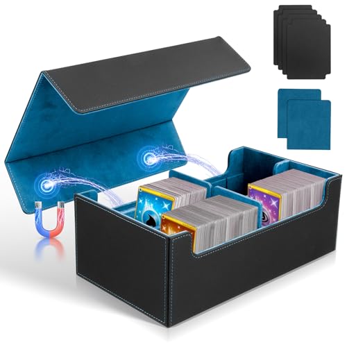 Card Deck Box for Trading Cards, 1600+ Magnetic PU Leather Card Storage Box, 6 in 1 Commander Trading Card Storage Box with 4 Dividers and 2 Insertable Cards for Magic The Gathering (Black+Blue)