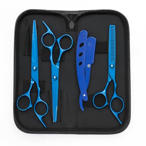 Kit Tesouras Profissionais para Barbeiro 5 Peças – Tesoura de Corte, Desfiadeira, Navalhete e Estojo – Aço Inoxidável para Corte de Cabelo e Barba Inox