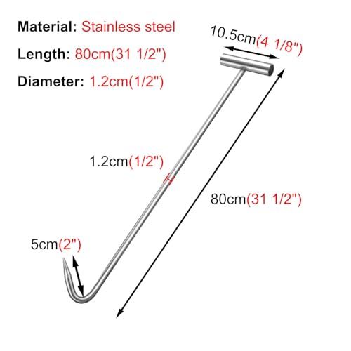 Estrattore di copertura per pozzetto in acciaio inox, manico a T, design con gancio a J, strumento di sollevamento versatile per coperture, altezza regolabile 50-90 cm (31 1/2")