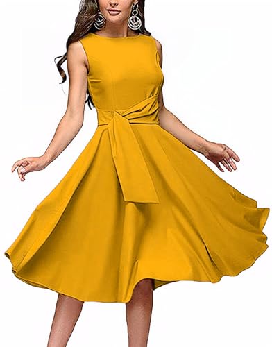 Image of FENJAR Women's Elegance Audrey Hepburn Style Ruched Dress Round Neck Sleeveless Swing Midi A-line Dresses (US, Alpha, X-Large, Regular, Regular, Yellow)