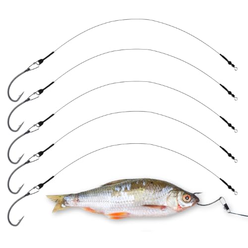 5 x Pike Dead Bait Rigs for Pike Zander Fishing Trace Hooks Live Bait - Ready to go! Size 2 4 6 8 (4, Barbless)