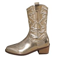 wide calf cowboy boots for women Womens Cowboy Boots Wide Calf Waterproof Mid-Calf Cowgirl Boot Comfort Slip on Festival Boot Retro Chunky Heel Country Booties Western Wedding Shoes Winter Gold 6