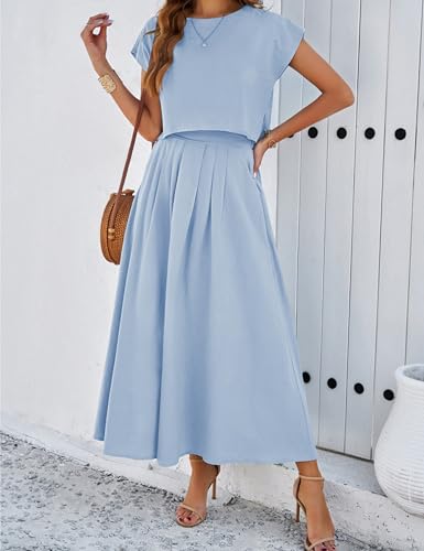 Image of HangNiFang Summer Skirt Sets Women 2 Piece Outfits Cap Sleeve Top Elastic Waist Maxi Dress Sets with Pockets