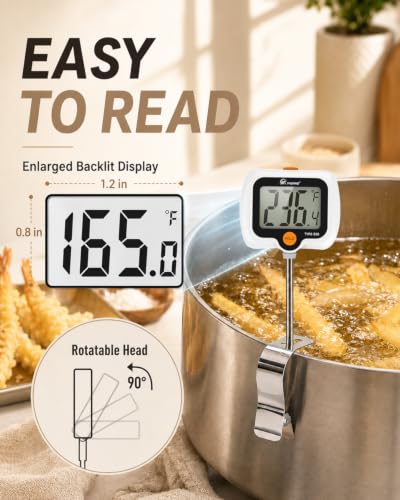Image of Digital Candy Thermometer with 180 Rotating LED Screen, 304 Stainless Steel Probe, Heat Shield, 2 Pot Clips, Accurate Sugar & Deep Fry Thermometer - White