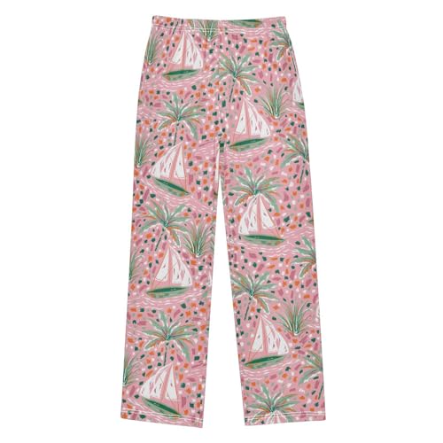 Ship Palm Leaf Boys Long Pants Soft Trousers Elastic Waist Kids Lounge Bottoms with Pockets S-XL