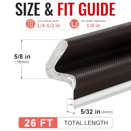 Image of Litaibai 26 ft Kerf Weather Stripping Door Seal for Exterior Doors, Brown | Push-In Kerf Seal for Grooved Frames, Not Self-Adhesive, Fits 1 /4-1 /2 in Door Gaps, Helps Reduce Drafts and Energy Loss