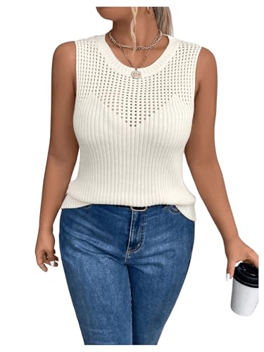 MakeMeChic Women's Plus Size Vest Tops Trendy Crew Neck Hollow Out Sleeveless Knit Sweater Vest