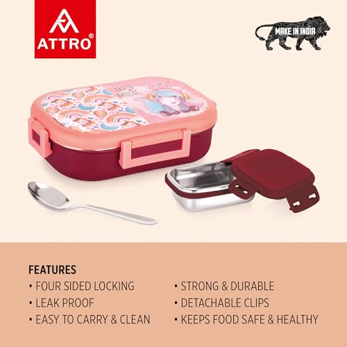 Image of Attro Food Time Deluxe Stainless Steel Lunch Box with 1 Small Container & Eyecatchy Prints Airtight & Spillproof - 750ml+250ml Unicorn Brown Peach