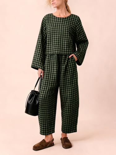 Image of Womens 2 Piece Lounge Sets Cotton Plaid Crop Top High Waisted Baggy Ankle Barrel Pants Gingham Matching Set