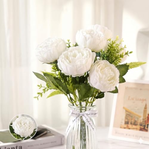 Image of CURATED CART 1 Bunch Artificial Peony Rose Flower Bouquet (White) | 5 Flower Heads, for Home Decor, Office, Bedroom, Balcony, Table Display, Wedding Decoration (Without Vase Pot)