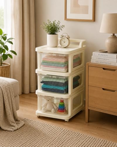 Image of URBAN LUXY Plastic Storage Drawer Organizer with Wheels | Multi-Purpose Chest of Drawers for Home, Office & Bedroom | Clothes, Toys & Stationery Organizer ((Ivory & Brown), 3 Layer)
