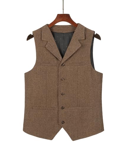 Tuikayoo Men's Tweed Suit Vintage Vest Herringbone Wool Prom Waistcoat Groomsmen4