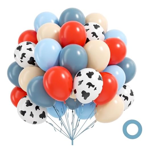 60pcs Farm Balloons 12inch, Pastel Dusty Blue Red Sand White Cow Print Balloons for Cowboy Farm Baby Shower Birthady Party Decorations