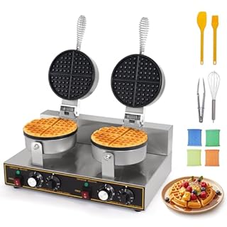 Dyna-Living Waffle Maker 2400W Double Waffle Iron Maker Restaurant Non-stick Round Waffle Machine Commercial Waffle Maker Large Waffle Machine for Hotel, Thicken Stainless Steel
