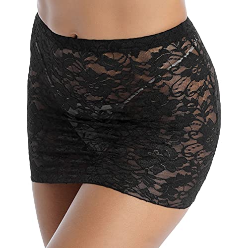 Women's Flower Pattern Mid Waist Elastic Waistband Sheer Lace Skirts Bodycon Mini Skirts3