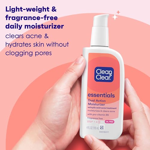 Image of Clean & Clear Essentials Dual Action Oil-Free Facial Moisturizer, Salicylic Acid Acne Treatment with Pro-Vitamin B5 Moisturizes While Treating Acne & Helping to Prevent Pimples, 4 fl. oz, 3 Pack