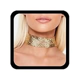 Cybche Punk Wide Sequin Necklace Choker Metal Mesh Necklace Metal Sequins Necklaces Gold Wide Rhinestone Choker Mesh Short Thick Necklaces Party Prom Jewelry for Women