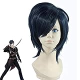 Junww Game Touken Ranbu Online Shokudaikiri Mitsutada Cosplay Wigs Short Dark Blue Heat Resistant Synthetic Hair Wig + Wig Cap