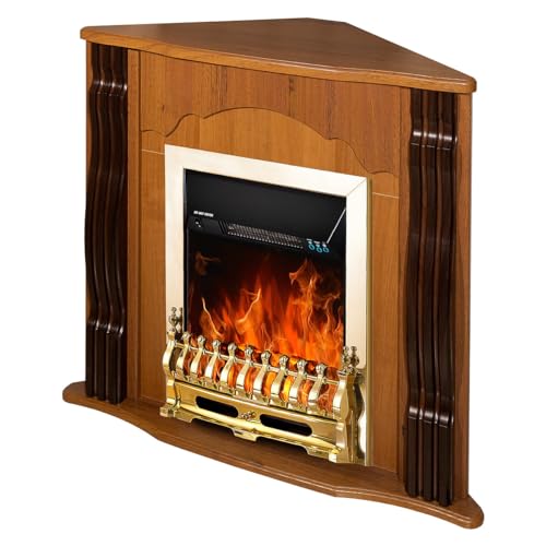 Camino Elettrico da Pavimento ad Angolo 88,2x95x47,3 cm Effetto Fiamma 2000W Clasic & Galileo gold Noce