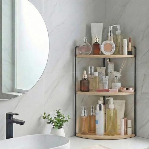 Image of 3 Tier Corner Bathroom Counter Organizer, Countertop Organizer, Makeup Organizer Countertop, Bathroom Storage Sink Shelf, Wooden and Metal Counter Shelf (Large Capacity-Rustic Walnut)