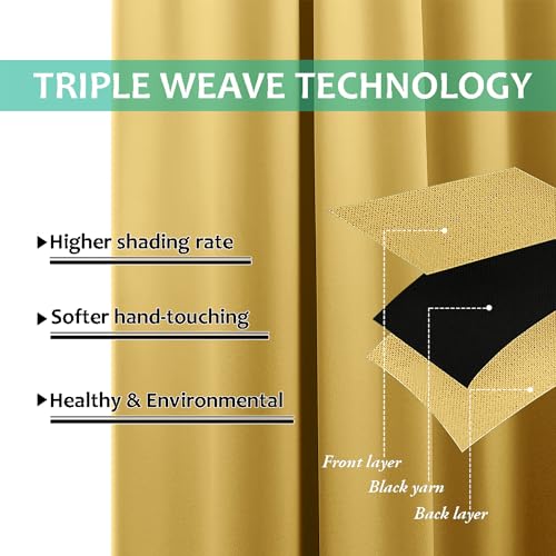 Image of NICETOWN 100% Blackout Curtains with Black Liners, Solid Thermal Insulated Full Blackout 2-Layer Lined Drapes, Energy Efficiency Window Draperies for Bedroom (2 Panels, 42 inch W by 63 inch L, Bright Yellow)