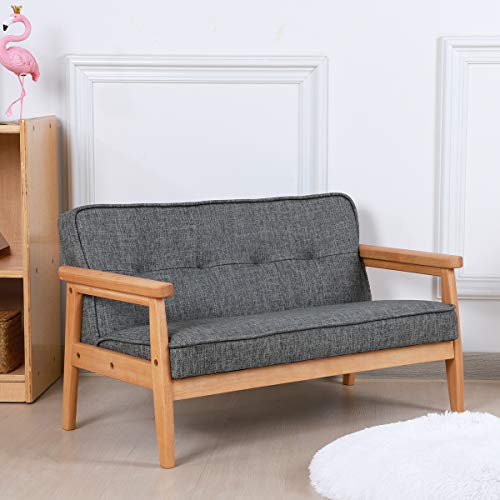 Yoonnie Room Double Seater Kid Sofa Chair, Kid Couch With Solid Wood Arm And Linen Pattern Pvc For Kids Rest (Dark Grey) #TOP2