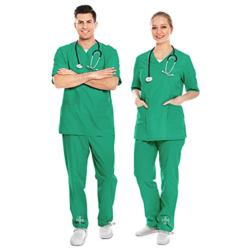 AIESI® Uniforme Sanitario Hombre Mujer de algodón 100% sanforizado Pantalones y Casaca con Cuello en V (L, Verde)