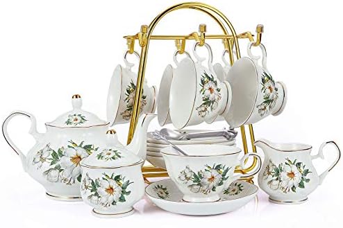 CHENP.HMC Porcelain Tea Set Tea Cup Set 22-Piece Porcelain Ceramic Coffee Tea Gift Sets Cups Saucer Service for 6 Teapot Sugar Bowl Creamer Pitcher and Teaspoons tea pot sets(Camellia)