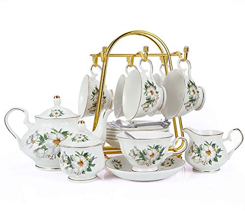 Chenp.hmc Porcelain Tea Set Tea Cup Set 22-Piece Porcelain Ceramic Coffee Tea Gift Sets Cups Saucer Service For 6 Teapot Sugar Bowl Creamer Pitcher And Teaspoons Tea Pot Sets(Camellia) #TOP13