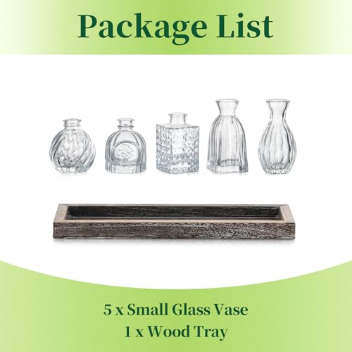 Hewory Hewory Kleine Vasen für Tischdeko Esstisch: 5er Mini Vasen Set mit Holztablett für Deko Wohnzimmer - Vintage Kleine Glasvasen Blumenvase Glas für Room Decor Home Zuhause Geburtstag Party - Detailansicht 8 | Tischdekoration