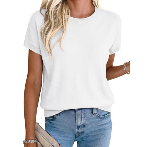 Totatuit Short Sleeve Sweaters for Womens Summer Crew Neck Knit Sweater Shirts Business Casual Work Tops 2026 Spring Outfits White Large