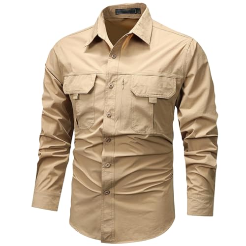 Camisas Hombre Manga Larga Ropa Militar con Botones Sobrecamisa al Aire Libre Cargo Shirts Secado Rápido Ligero y Agradable Protección UV para Pesca, Tala, Montañismo, Caza，Caqui，XXL