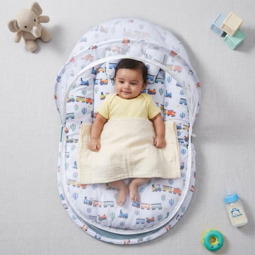 Image of Amazon Brand - Supples Baby Bed Mattress with Mosquito net | Toy Vehicle Print | Blue