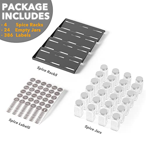 SpaceAid Spice Drawer Organizer with 24 Spice Jars, 386 Spice Labels, 4 Tier Seasoning Rack Tray Insert for Kitchen Drawers, 11.25" Wide x 17.5" Deep