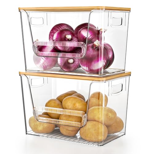 Delamu 2 Set Pantry Organizers and Storage, Trash Bag Dispenser with Bamboo Top, Stackable Trash Bag Holder Under Sink Organizer for 4-30 Gal Bags, Onion, Potato, Fruits, Clear (11-7/32″L*7″W*7-1/8″H)