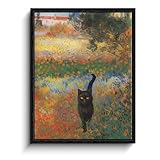 Framed Black Cat Wall Art, Funny Black Cat Walking in Colorful Flower Field Landscape Textured Art Print, Eclectic Cat Posters for Room, Bedroom Living Room Bathroom Wall Decor, 8 x 10 Inches