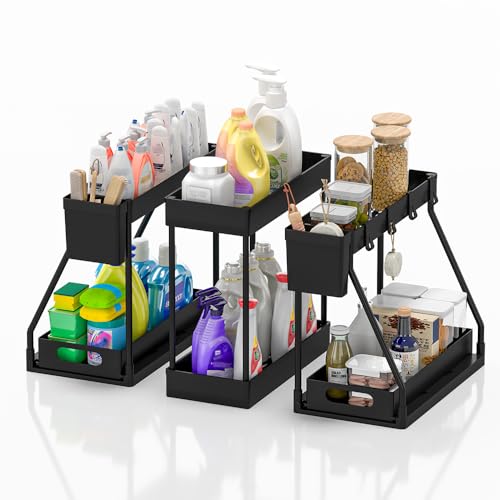 POUGNY 3PC Under Sink Organizer Rack 2 Tier Under Sliding Cabinet Basket Organizer Drawer, Multi-purpose Under Sink Storage for Bathroom Kitchen Desktop (Black)