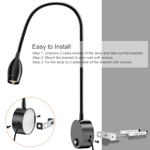 Image of ERAY 1 Pack Plug-in LED Wall Mounted Bedside Reading Light for Bed | Touch Control, 3 Dimmable, 360Flexible Gooseneck Headboard Book Reading Night Lamp Wall Sconce,Eye-Caring, 3000k-6000k