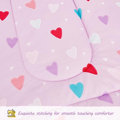 Image of Viviland Toddler Comforter Sets, 4 Pieces Bedding Sets, Heart Love | Microfiber Purple Bed Set, Girls, Breathable & Soft, Comforter, Bed Sheet, Fitted Sheet and Pillowcase, Machine Washable