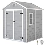 Outsunny 6 x 5ft Garden Shed, Plastic with Floor, Window, Lockable Doors and Vents, Wood Effect Resin Tool for Outdoor Patio, Light Grey