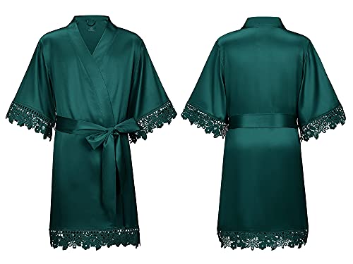 Aw Bridal Girl Satin Kimono Robe Kids Silk Bathrobe Short Sleepwear With Lace Trim For Birthday Spa Bridal Party, Hunter Green M #TOP11