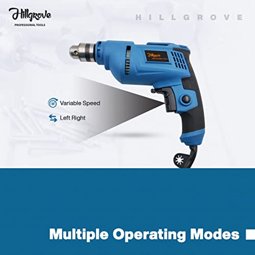 Image of Hillgrove HGPD2M6 500W Power Drill Machine with 5 Drill Bits for Making Holes in Metal /Wood /Concrete with Reverse Rotation and Variable Speed Pistol Grip Drill (10 mm Chuck Size)