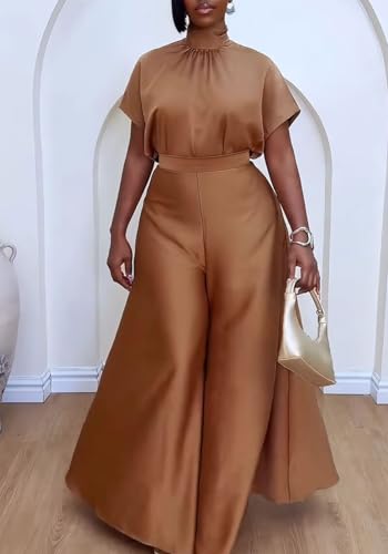 Ecirod Womens 2 Piece Church Outfits Turtleneck Bow Tie Cap Sleeve Tops High Waisted Flowy Wide Leg Palazzo Pants Set2